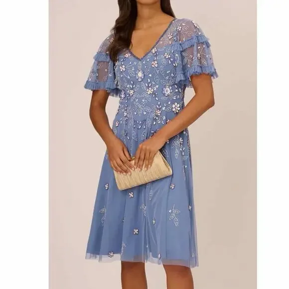 Adrianna Papell Blue Floral Embroidered Midi Dress - Picture 8 of 15